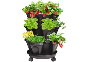 Tectsia Strawberry Vertical Planter, Stacking Garden Tower, 3 Tiered Stackable Herb Vegetable Planters with Movable Casters and Bottom Saucer Indoor and Outdoor - Black