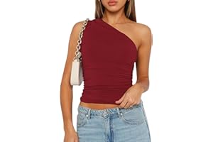 YILEEGOO Women Sexy Sleeveless One Shoulder Crop Tank Tops Ruched Tight Slim Fitted Workout Y2K Vest Top Trendy Cami Going Out Tops