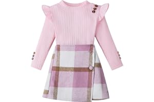 Naiyafly Toddler Girl Outfits Baby Ruffle Ribbed Long Sleeve Ruffle T-Shirt Top Plaid Skirt Fashion Set 3Pcs Kids Girl Fall Winter Clothes 2t 3t 4t 5t 6t