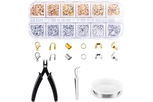 Marstey 1200-teiliges Quetschperlen-Set, inklusive Karabinerverschlüsse, Quetschrohre, Biegeringe, Quetschperlenabdeckungen, Perlendraht und Perlen-Crimpzange, Schmuckherstellungswerkzeug-Set mit Etui