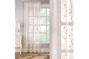 Supplied by Maple Textiles CREAM EMBROIDERED SILVER SEQUIN SPARKLE Floral Design Linen Look Voile Net Curtain Panel Slot Top Heading 55" x 72"