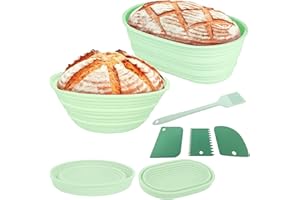 RUNQIN OUTDOOR 2Pcs Pan Banneton Plegable, Cesta Pan Silicona Redonda 22cm y Ovalada 26cm para Probar Pan y Masa, Cesta de Fermentación de Pan Plegable para Cocina Casera con 3 Espátulas y 1 Cepillo de Aceite