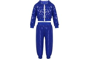 Fldy Kids Boys Girls Shiny Sequins Dance Clothing Set Jazz Hip-hop Street Dance Costumes Hooded Jacket and Pants Set