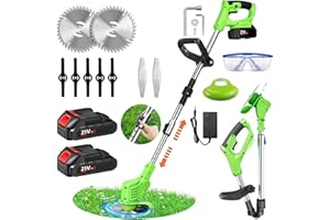 HIGHLANDHUE Cordless Garden Strimmers,Electric Cordless 21v Grass Strimmer with 2 X 2000mAh Battery, Adjustable Metal Blades,Garden Trimmer Telescopic Lightweight with Roller for Gardens,Park Lawns (1, Green)
