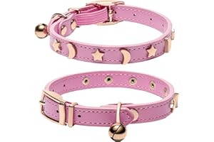 DAIHAQIKO Collare in pelle per gatti maschio e femmina con campanello e cintura elastica di sicurezza Collare a stella e luna per gatti piccoli e grandi
