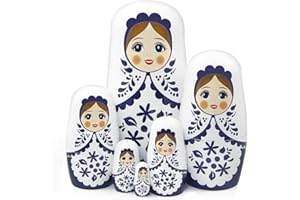 Boerni Set of 6 Girl Flower Nesting Dolls,Traditional White Blue Girl Wooden Handmade Russian Doll Matryoshka Dolls Babushka Stacking Toy Ornaments Gift for Kids Birthday Home Christmas Party Décor