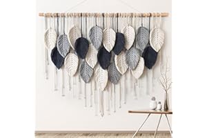 Weldomcor Macramé Tapiz Grande Tejido Tapiz Boho Macramé Hoja Decoración de Pared Pluma Chic Arte Tejido Para Dormitorio, Decoración de Salón, 100 cm Azul Marino