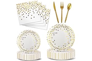 Nkaiso Party Tableware 144 Pieces White Gold Kids Birthday Party Plates Party Supplies Set Includes Paper Plates Napkins Cutlery for Birthday Decorations Christening Wedding Shower-24 Guests