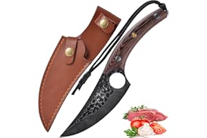 Fubinaty - Couteau de chef de cuisine japonais forgé à la main pour le camping Couteau à désosser Viking en acier à haute teneur en carbone avec étui en cuir véritable