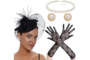 SHDIEHJFMLDH 4 Pièces Femme Chapeau Mariage Elégante Voilette Mariée Coiffure Vintage en Maille Plumes avec Gants en Dentelle,Collier,Boucles d'oreilles pour Femme,Mariage, Bal, éGlise, Accessoires De Costume