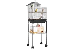PawHut Jaula para Pájaros con Ruedas Pajarera con Cesta Múltiples Puertas 2 Comederos 2 Perchas Columpio Escaleras y Bandeja Extraíble para Loros Canarios Periquitos 46x36x120 cm Negro