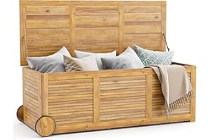 KOMFOTTEU Baúl de Jardín 182 L con Ruedas y Asas, Arcón Exterior de Madera de Acacia, Caja de Almacenamiento con Bolsa Interior Resistente al Agua, Organizador Herramientas, 127 x 50 x 45 cm