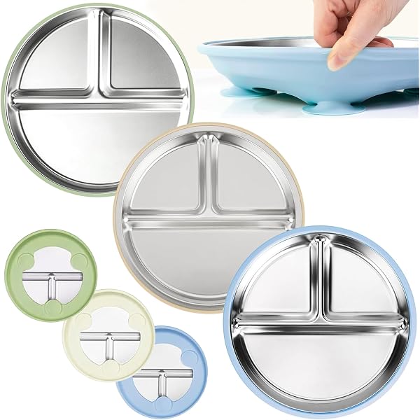 Lot De 2 Assiettes Bébé Avec Ventouses En Acier Inoxydable 304 - 3 Compartiments, Sans BPA, Lavables Au Lave-vaisselle - 2