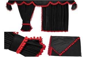 Adomo LKW Gardinen passend zum DAF XF 106 in schwarz mit roten Pompoms/Kugel