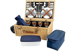 HappyPicnic Cestino da picnic in vimini per 4, cesto portaoggetti in salice, set regalo per campeggio e feste all'aperto, blu-4