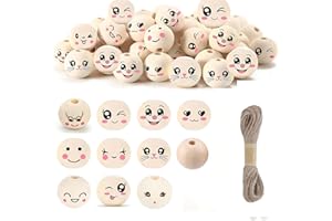 VODDKIS Lot de 10 perles en bois avec visage de 20 mm - 1 style de perles en bois avec fleurs non imprimées - 110 boules en bois avec 20 m de corde de chanvre - Boule ronde en bois avec trous - Pour