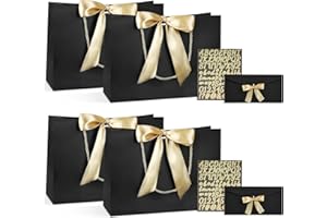 BBLIKE Torebki na prezenty, 4 sztuki torebek papierowych z tasiemkami + dwie naklejki + 2 koperty, torebki prezentowe z uchwytem, torebki imprezowe, torebki na dno, na urodziny, wesele, uroczystość,