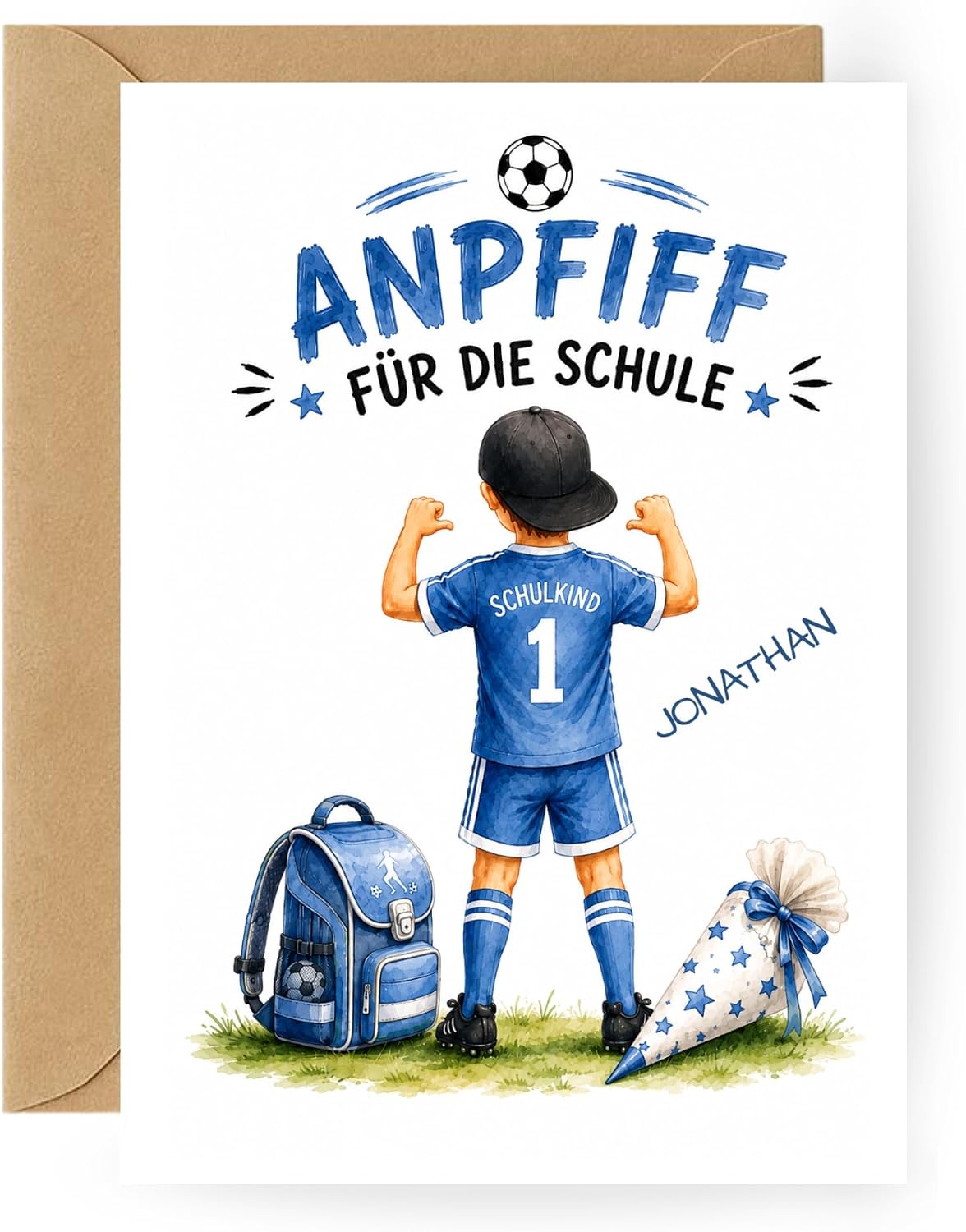 Technische Daten & Spezifikationen : Fu ball Einschulung Karte Junge mit Name blau