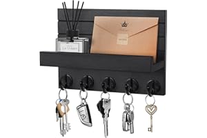 Kldgris Schlüsselbrett mit Ablage, Dekoratives Holz Wandregal, Schlüsselbrett Holz Schwarz, mit 5 Schlüsselhaken, für Eingang, Flur, Schlafzimmer, Wohnzimmer