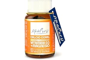 Calcio y Vitamina D Estado Puro | Calcio Coral Marino (1000 mg) + Vitamina D3 (400 UI) + Citrato de Magnesio (400 mg) | Huesos y Articulaciones Fuertes | 120 Cápsulas Vegetales de Tongil