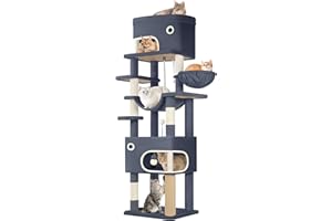 Hzuaneri Kratzbaum, 203 cm Katzenbaum mit großer Plattform, 2 Höhlen, 7 Kratzsäulen, Pompons, Liegemulden, Hängematte, Geeignet für alle Katzenrassen, Dunkelgrau MS20318SG