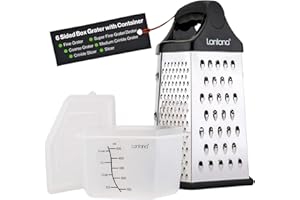 Lantana Cheese Grater with Container – 6 Essential Kitchen Functions for Coarse, Medium, Fine, Micro-Grating/Zesting/Slicing. Hand held, Includes Fitted Measuring Tub with Lid