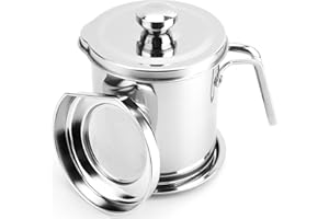 WUWEOT 2 L Bacon Grease Container with Strainer, Stainless Steel Oil Strainer Pot Grease Can with Dust-Proof Lid, Easy Grip Handle and Tray for Bacon Fat, Kitchen Cooking or Frying Oil