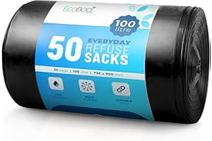 EcoBag - Extra Strong Heavy Duty Refuse Sacks - Recyclable Bin Bags, Leak Resistant, Eco-Friendly, Durable Waste Disposal Bags for Household & Commercial Use, 30 Micron (Μm) /100l