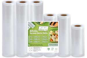 Anysea Bolsas Envasar al Vacio Alimentos, Rollos Envasadora al Vacio 15x1/20x2/28x3/300cm 6 Rollen Película de Vacío Para Todos Los Selladores Sous Vide y de Vacío