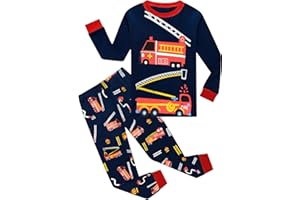 EULLA Kinder Jungen Schlafanzug Langarm Baumwolle Winter Pyjama Set Feuerwehrwagen Dinosaurier Bagger Traktor Zug Zweiteiliger Nachtwäsche 1-7 Jahre 92 98 104 110 116 122