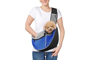 Pawaboo Dog Sling Carrier, Dog Papoose with Zipper Touch Pocket, Hand Free Breathable Mesh Puppy Carrier, Crossbody Satchel Dog Purse with Adjustable Strap for Outdoor Travel, Blue, Medium