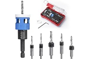 DKEVEU Jeu de Foret à Fraise Bois, 3,2-4,8mm 5 Pièces Forets à Chanfreiner avec Butée de Profondeur Réglables, Mèches à Fraiser à Changement Rapide en Carbure avec Tige Hexagonale 1/4" pour Percage Fraisage