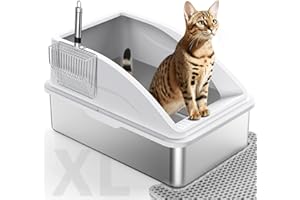 FURTIME XL Cat Litter Box Stainless Steel, Large Cat Litter Tray Stainless Steel, 20L Litter Box Tray with Litter Scoop & Mat, Good for Large Medium Cats