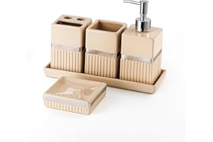 Ceramic Haven Elegance Collection | Set of 5 Luxury Bathroom Accessories | Soap Dispenser, Toothbrush Holder, Multipurpose Holder, Tumbler, Vanity Tray | Stylish Décor & Organiser (Beige Elegance)