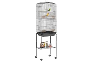 PawHut Jaula para Pájaros con Ruedas 46,5x36x157 cm Jaula Metálica de Aves con Puertas 4 Comederos 3 Perchas Bandeja Extraíble y Estante de Almacenaje para Canarios Periquitos Negro