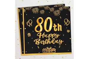 40Stück Servietten Geburtstag, Hakiwina Schwarz Gold 80. Happy Birthday Servietten Einweg Papierserviette für Tischdeko 80er Geburtstag Männer Frau Geburtstagsservietten 33 x 33cm Napkins Party Deko