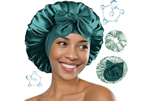 BONNET QUEEN Gorro de Seda para Dormir para Mujeres con ÁCIDO HIALURÓNICO Gorro de Satén Reversible de Doble Capa para Gorro de Dormir para Pelo Rizado con Scrunchies, Salvia & Verde Oscuro