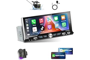 Podofo 6.9" Radio de Coche 1 DIN con Pantalla Compatible con Apple Carplay y Android Auto, Bluetooth Manos Libres Radio Estéreo con Radio FM, SWC, Enlace Espejo, USB + Cámara de Visión Trasera