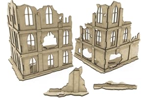 Pwork Wargames Urban Ruins 02 - Set di Elementi scenici di Città in rovina per Miniature in Scala 28mm/35mm - Tabletop Miniatures wargame 3D Scenery Terrain - MDF 3mm