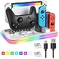 RGB Switch Controller Charger Dock Station for Nintendo Switch & OLED Model Joycon, Charging Docking Station Stand for 4 Joy Cons and Switch Pro Controller with LED Charging Indicator & 8 Game Slots