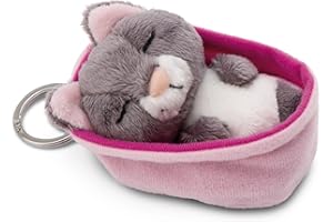 NICI Llavero Mascotas dormilonas Gato Gris 8cm en canasto Rosa Claro
