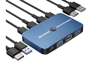 ABLEWE Commutateur KVM, commutateur KVM HDMI en aluminium, prend en charge 4K @ 60 Hz, 2 câbles HDMI et 2 câbles USB inclus (bleu)