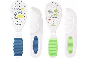HOVUK Baby Hair Brush and Comb Set with Non-Slip Handle 15cm, 4Pcs Newborn Hair Set for Safely Combing Babies Hair 3+Months (Green & Blue)