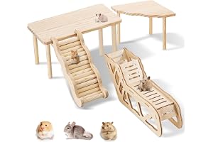 Zourglow Set med 4 hamsterhus, marsvin i trä | Hus gömställe med ledstång och klätterstege, livsmiljötillbehör för dvärghamst