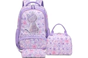 Kimwadalh Cartable Fille 3D Broderie Chat Sac à Dos Primaire Sac à Dos Chat Sets Sacs Scolaires Enfant Fille CE1 CE2 + Isotherme Panier Repas + Trousse