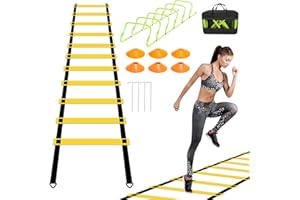 Cecaylie Escalera de coordinación para niños, escalera de coordinación para fútbol con 12 conos de fútbol y 6 obstáculos ajustables, escalera de entrenamiento, kit de entrenamiento, accesorios con