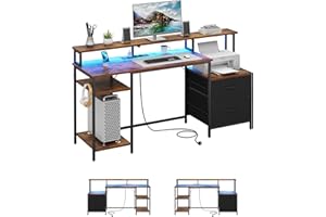 KIMENICH Escritorio, Mesa para Ordenador, Mesa Gamer con LED y Enchufe, Mesa Oficina con Estante para Impresora y Soporte para Monitor, 2 Cajones, 2 Ganchos, Estantes Ajustables, 160 cm, Marrón