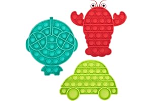 Excellentas Pop It Fidget Push Pop Toy Lot de 3 jouets anti-stress pour petits et grands, adultes ou enfants, voiture poisson crabe