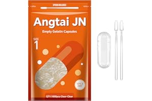 Angtai JN Empty Capsules Size 1 - Clear Gelatin Capsules Empty (1000 Count) with Two Miro Lab Spoons - Gel Capsules Empty - DIY Pure Bovine Capsule Filling - Kosher, Gluten Free - Non-GMO Certified