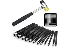 SUVSOON Hollow Hole Punch Set(1.0-10mm), 12 Sizes Leather Punch Tool with Leather Carving Hammer And Cutting Mat, Round Leather Hole Punch for Belts Wristband, Leather Hole Punch Set for Leather DIY